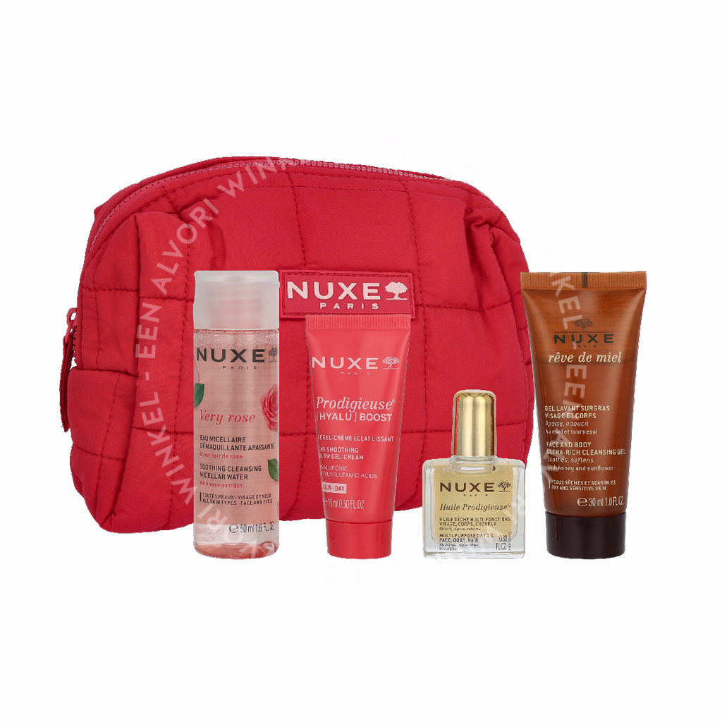 Nuxe Travel Set 105ml Very Rose Micellar Water 50 ml/Prodigieuse Boost Cream-Gel 10 ml/Reve De Miel Cleansing Gel 30ml/Creme Fraiche Cream 15ml/Pouch - Afbeelding 2